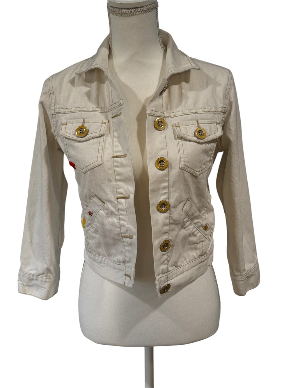 American Eagle white button up long sleeved denim jacket yellow/gold buttons, SP